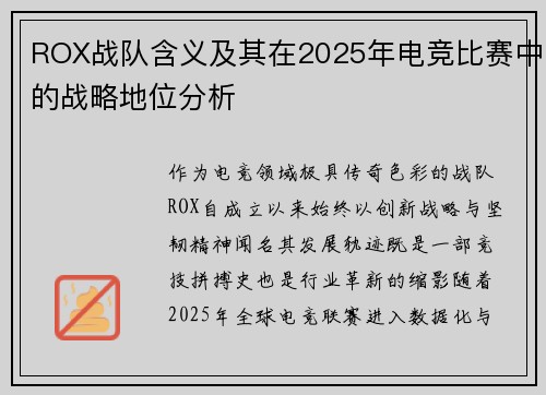 ROX战队含义及其在2025年电竞比赛中的战略地位分析